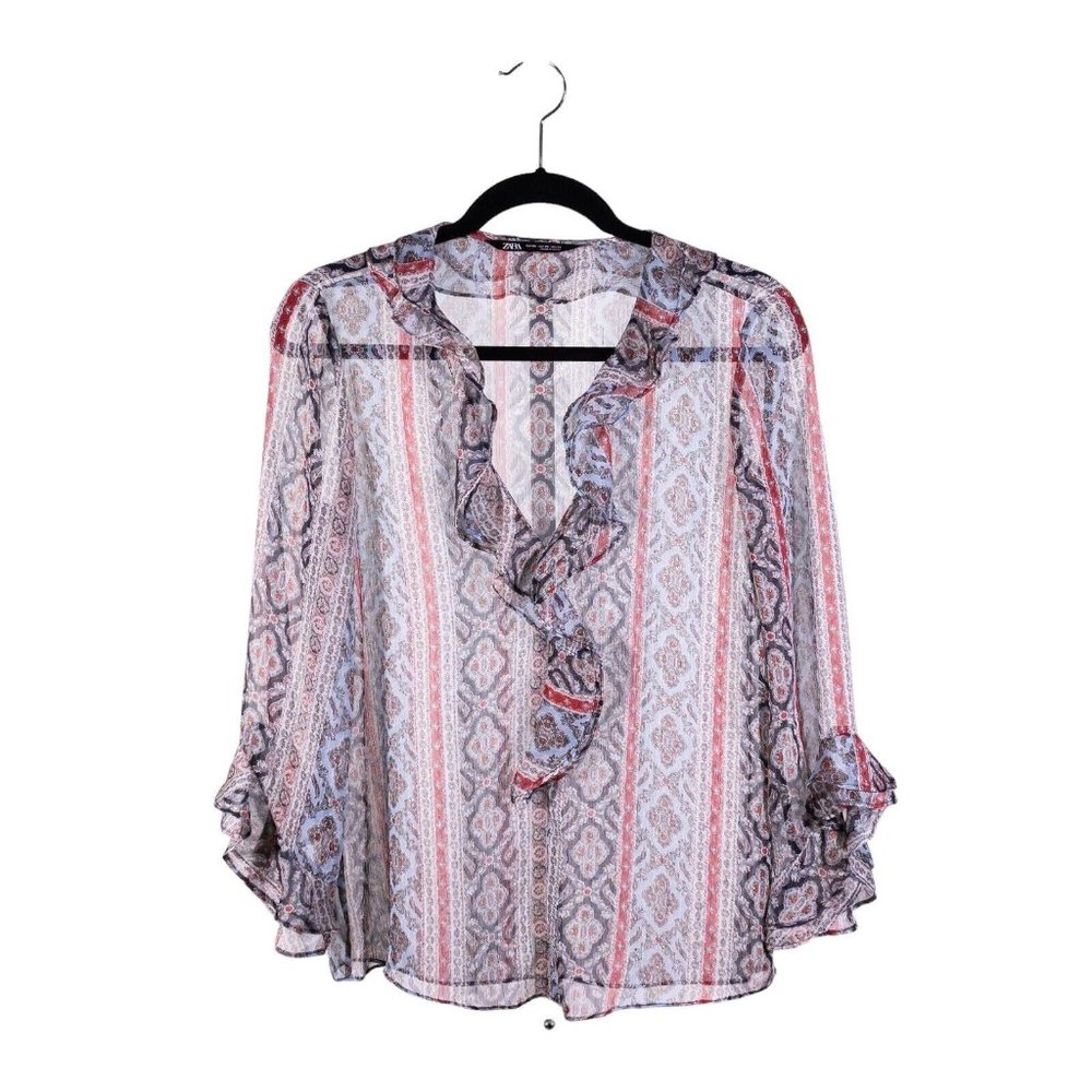 Zara Women's Blouse Floral Striped Sheer V-Neck Ruffle 3/4 Sleeve Boho Top XS